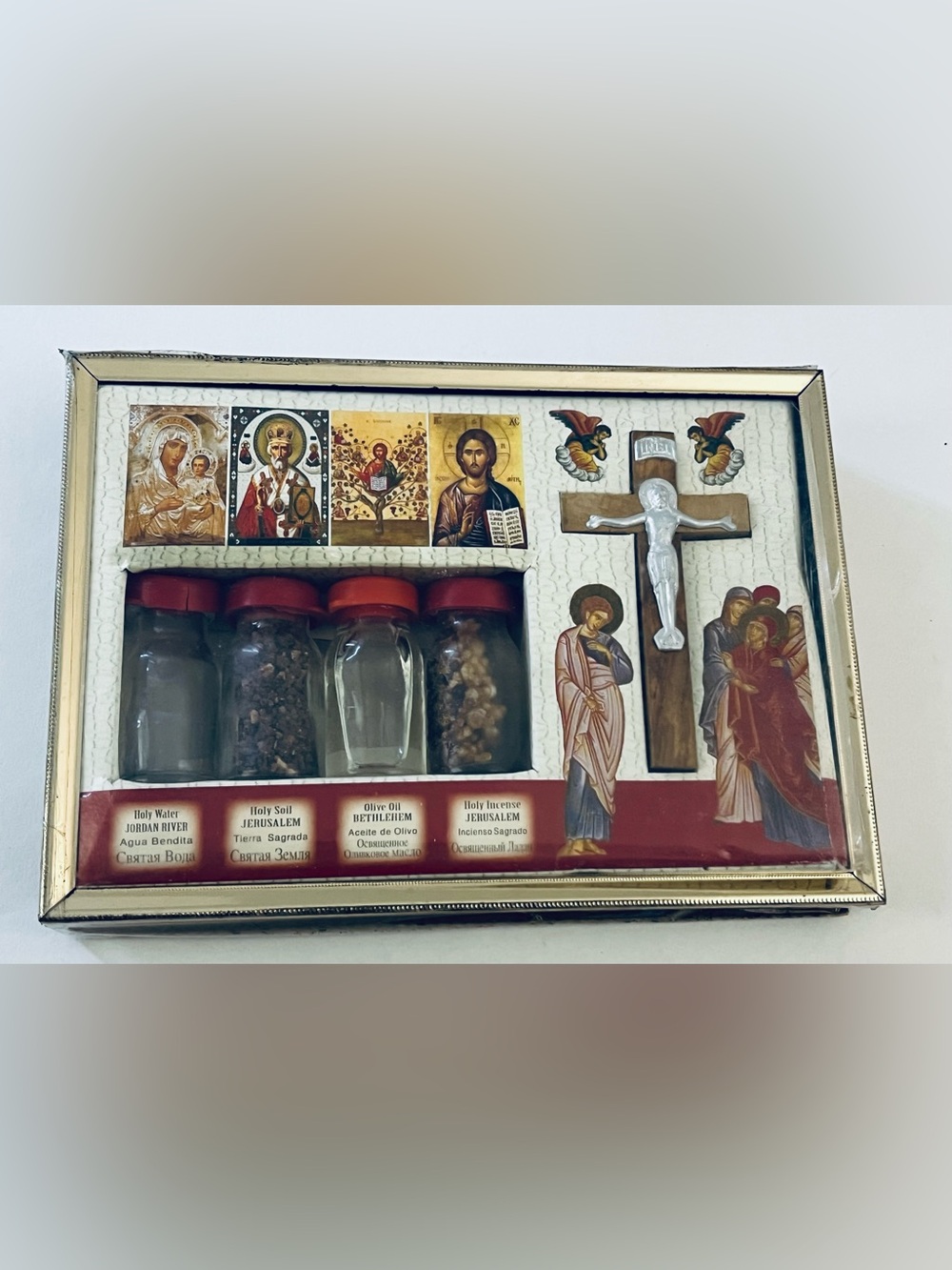 Holy Land Religious Gift Set Crucifix Holy Water Soil Oil Incense Sealed